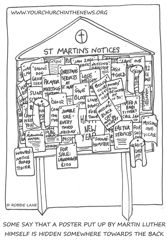 Overcrowded church noticeboard funny cartoon