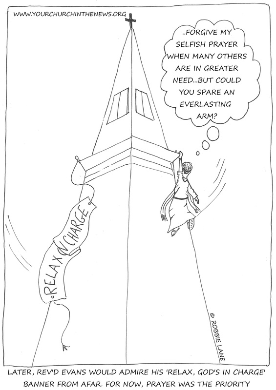 Vicar hanging from church spire with banner